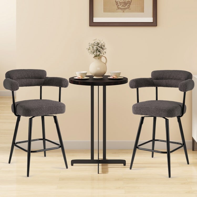 Swivel bar stool set of 2 in grey with curved back and arms, perfect for kitchen islands and bar tables.