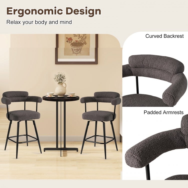 Swivel bar stool set of 2 in grey with curved back, padded armrests, and 360° swivel for kitchen or bar use.