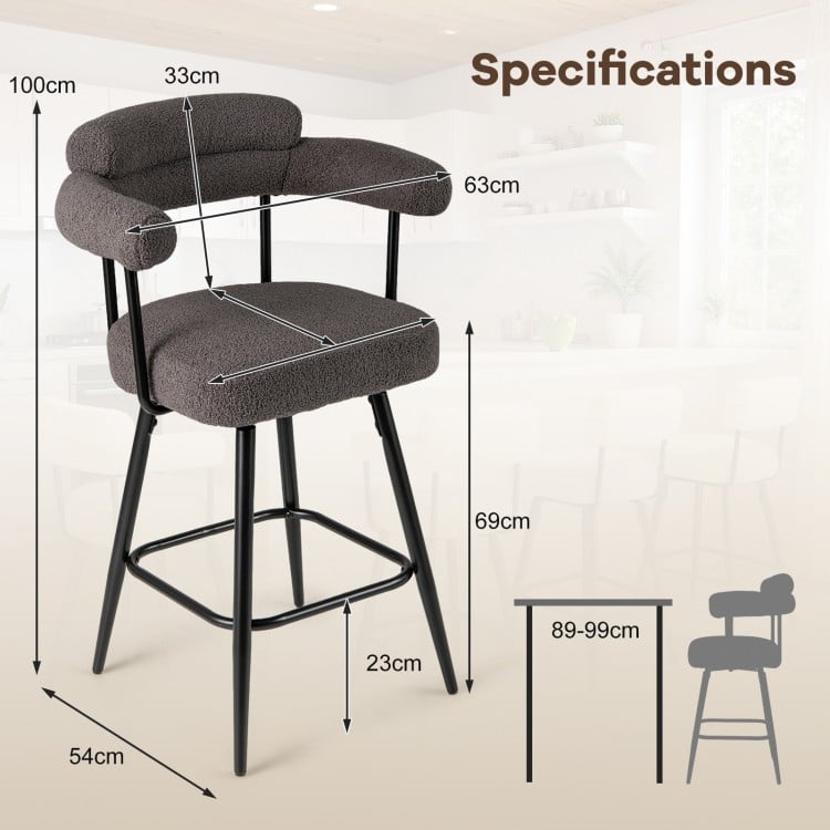 Swivel bar stool with curved back and arms in grey, featuring a metal frame and adjustable foot pads for stability.