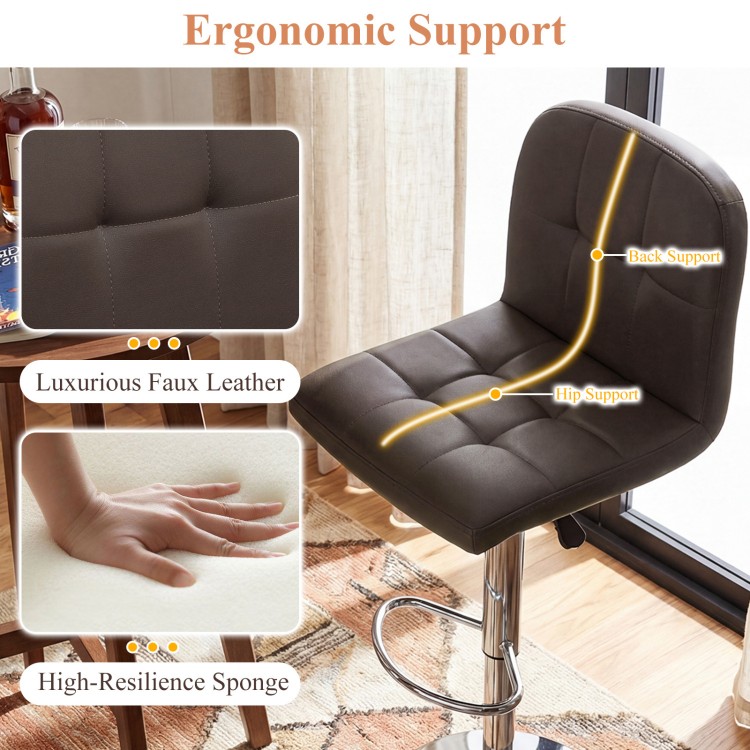Brown swivel bar stool showcasing ergonomic support with faux leather, footrest, and adjustable height for comfort.