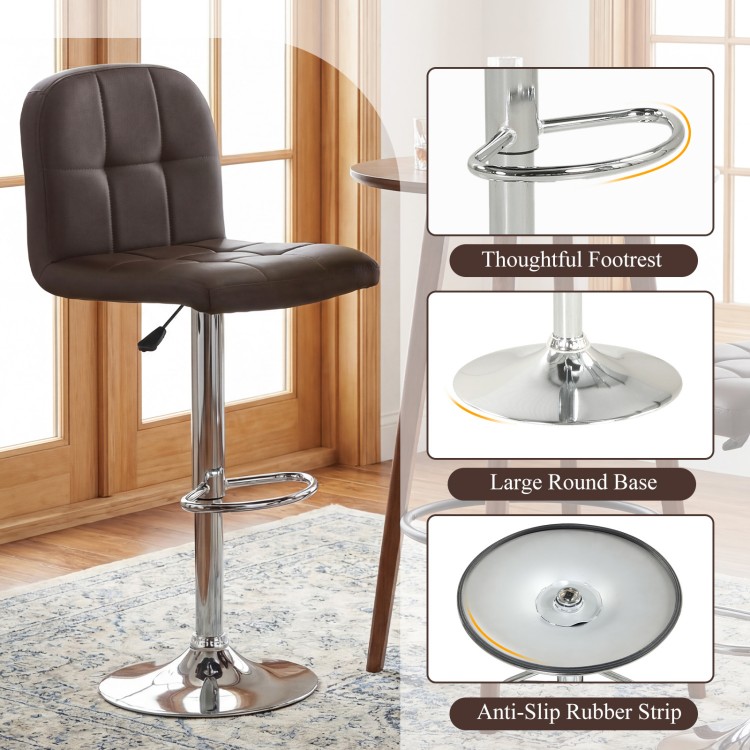Brown swivel bar stool with adjustable height, metal base, and integrated footrest, perfect for kitchens and dining.