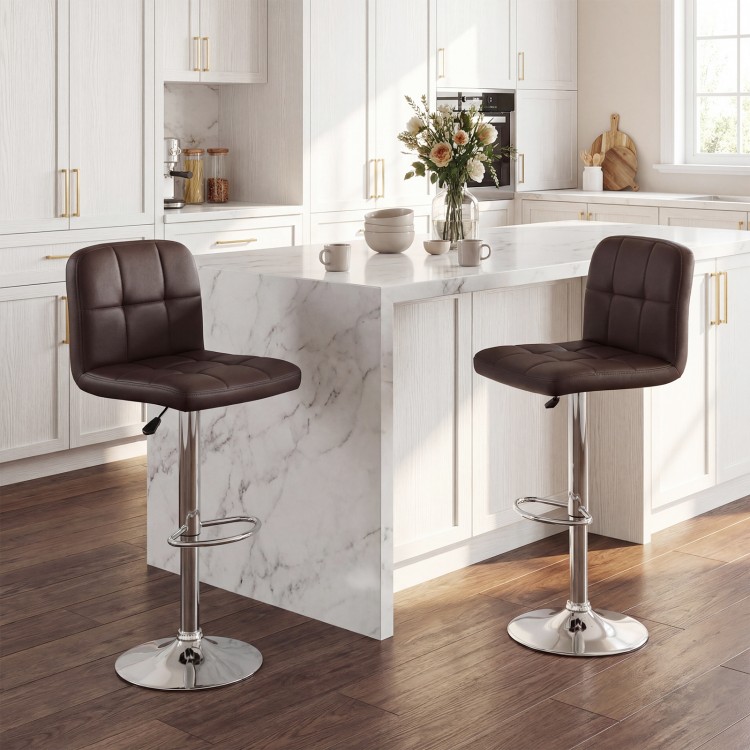 Set of 2 brown swivel bar stools with adjustable height and metal base, perfect for kitchens and dining areas.