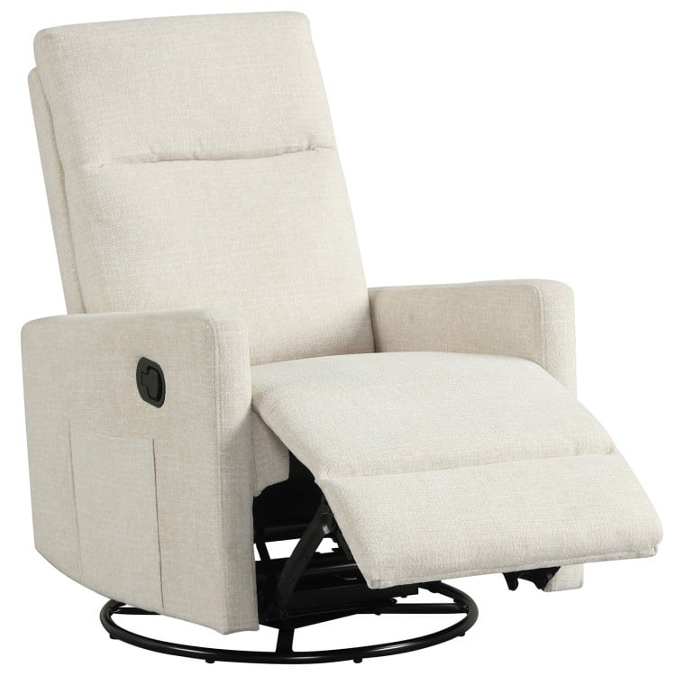 Beige swivel rocking chair with cushioned back and footrest, featuring a 360° swivel base for nursery comfort.