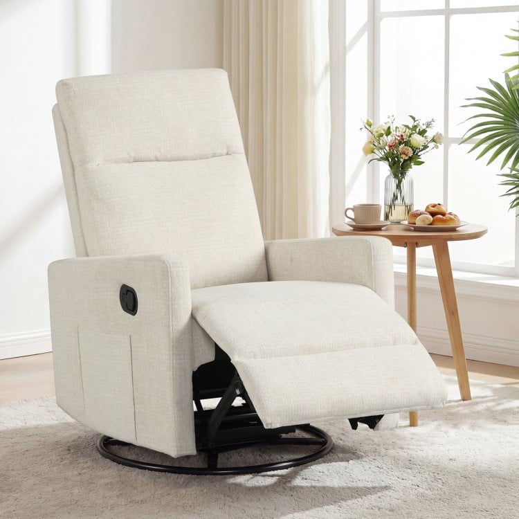 Beige swivel rocking chair with cushioned back, reclining feature, and side pocket for nursery or living room comfort.