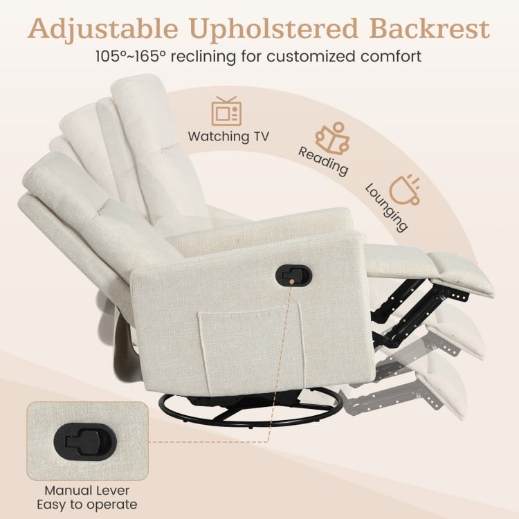 Beige swivel rocking chair with adjustable backrest and footrest, perfect for nursery lounging and reading.
