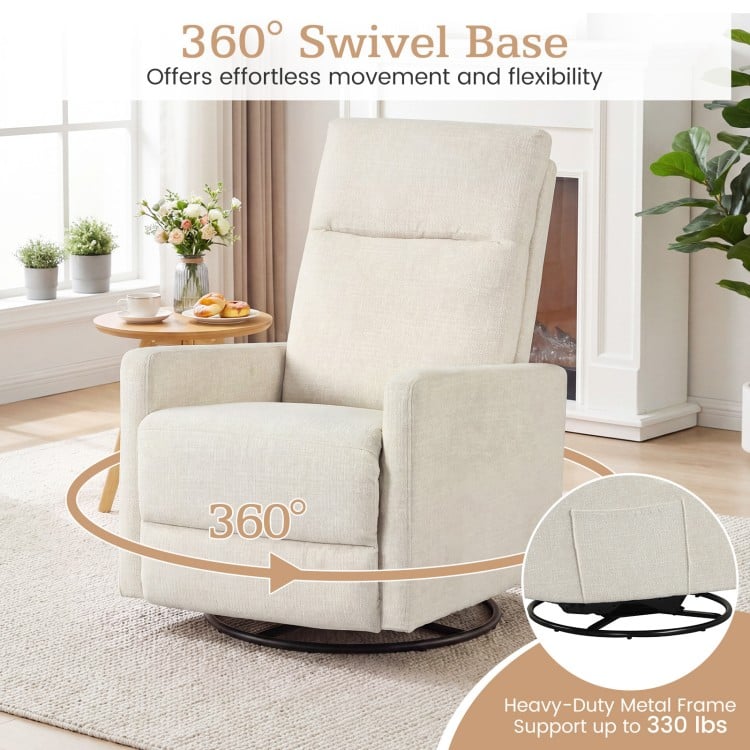 Beige swivel rocking chair with cushioned back, 360° swivel base, and adjustable footrest for nursery comfort.