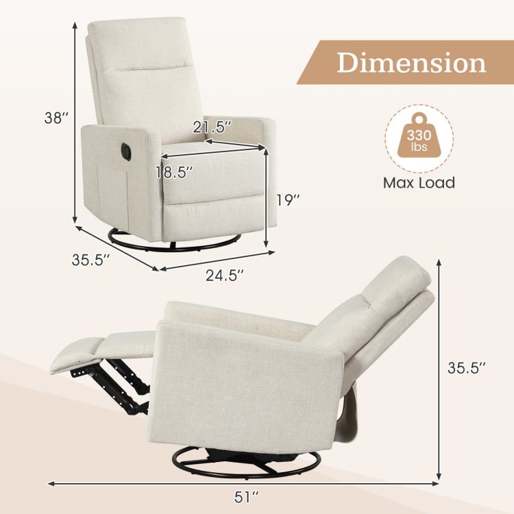 Beige swivel rocking chair with cushioned back, reclining feature, and dimensions for nursery or living room use.