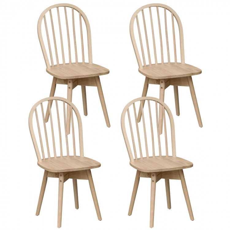 Set of 4 Swivel Windsor dining chairs in natural rubber wood, featuring a spindle back for comfort and farmhouse style.
