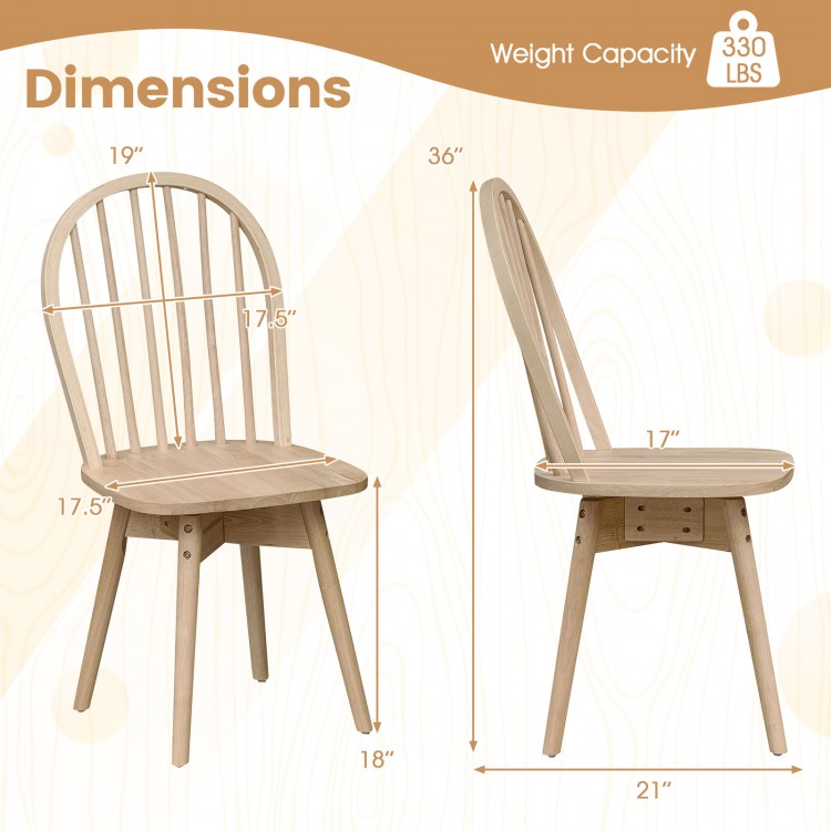 Swivel Windsor dining chair dimensions with solid rubber wood frame, featuring a natural finish for farmhouse style.
