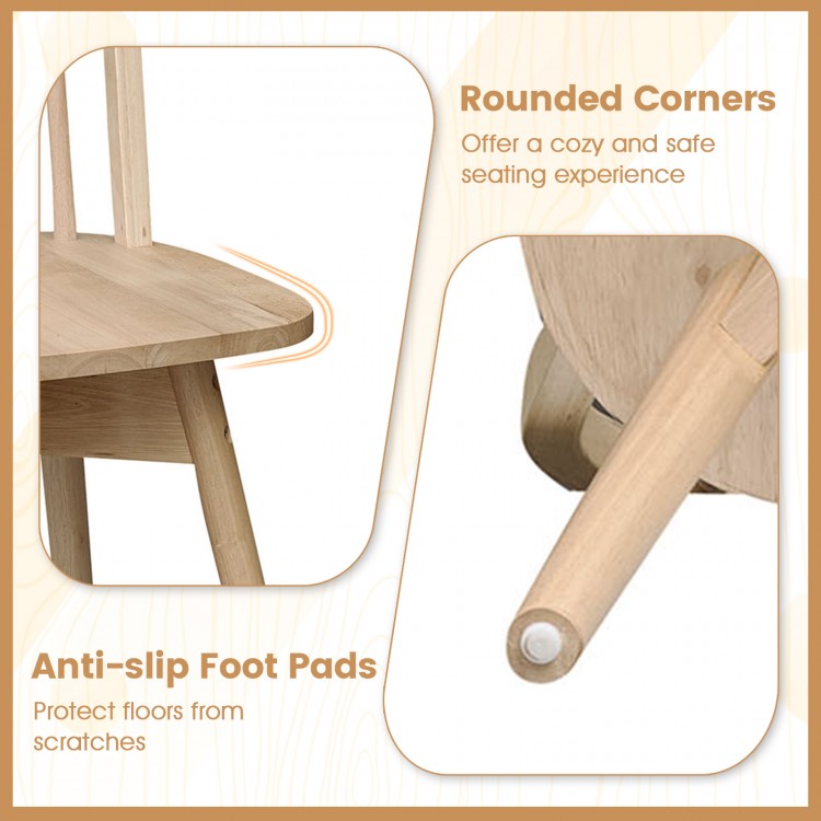 Close-up of swivel Windsor dining chair showing rounded corners and anti-slip foot pads for floor protection.