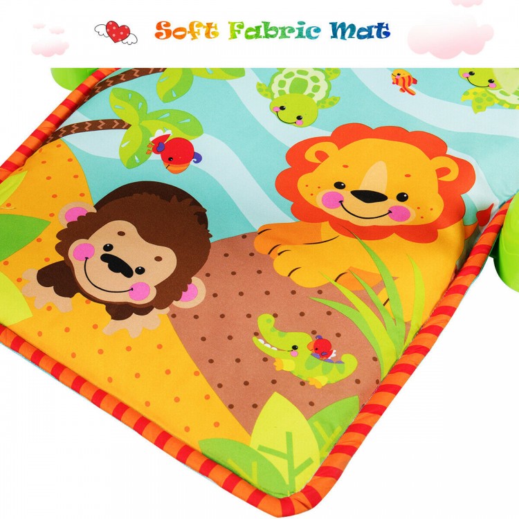 Colorful 4-in-1 baby play gym mat featuring a lion and monkey design, with three hanging educational toys for cognitive.