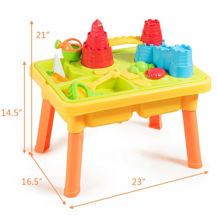 Colorful sand and water play table for kids with castle molds, made of eco-friendly PP material, perfect for indoor and.
