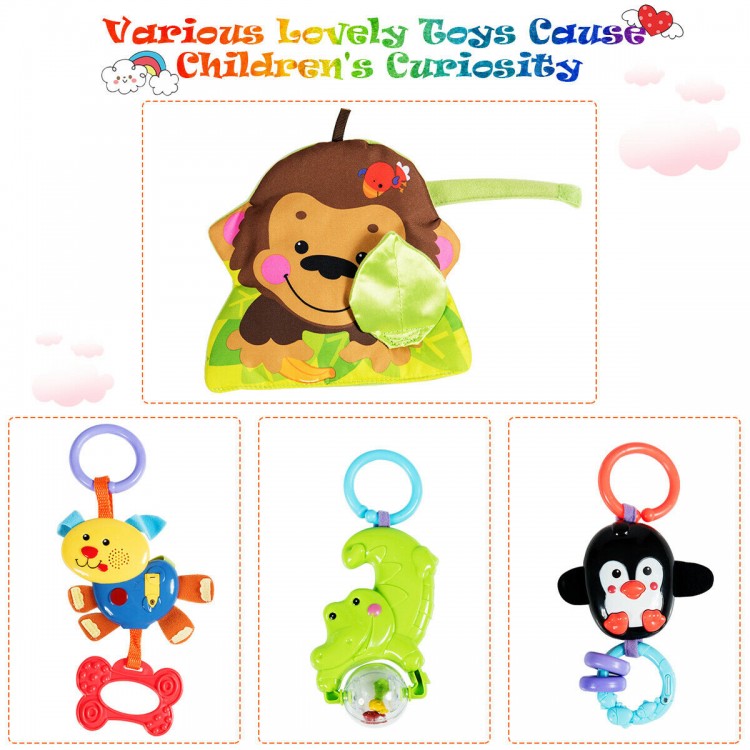 Colorful 4-in-1 baby play gym mat with 3 hanging educational toys for cognitive development and safe playtime.