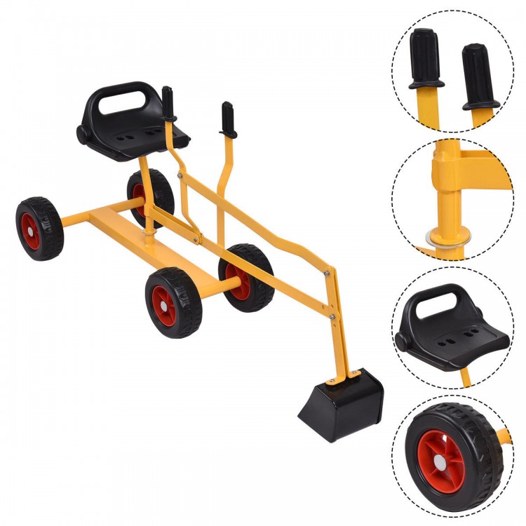 Heavy duty kid ride-on 4-wheel excavator sand digger with sturdy steel frame and all-terrain wheels for beach play.