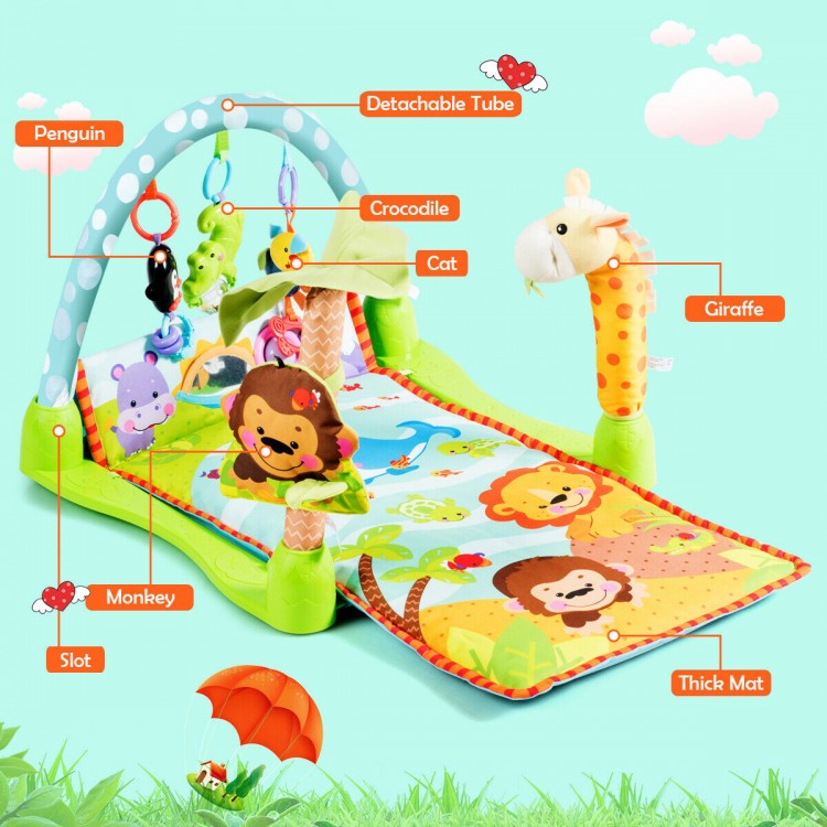 Colorful 4-in-1 baby play gym mat with detachable toys, thick mat, and animal designs for cognitive development.