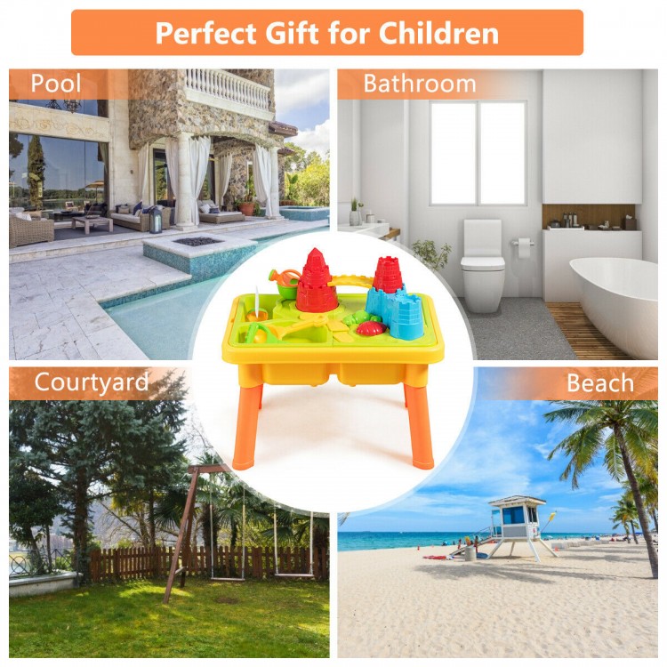 Bright yellow sand and water play table for kids with molds, perfect for indoor and outdoor fun and creativity.