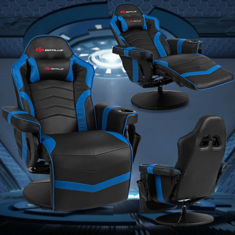 Ergonomic high back massage gaming chair in blue, showcasing the adjustable footrest and padded armrests for added.