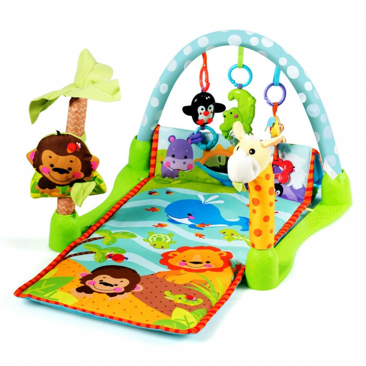 Colorful 4-in-1 baby play gym mat with 3 hanging toys, designed for cognitive development and safe playtime.