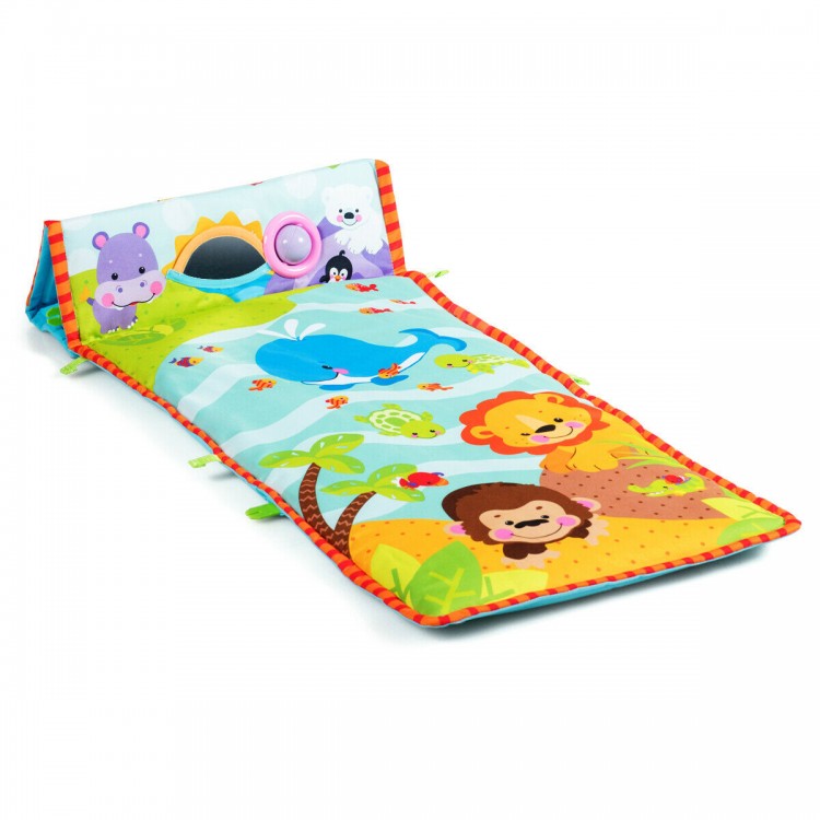 Colorful 4-in-1 baby play gym mat with animal patterns and 3 hanging toys, promoting cognitive development and safe.