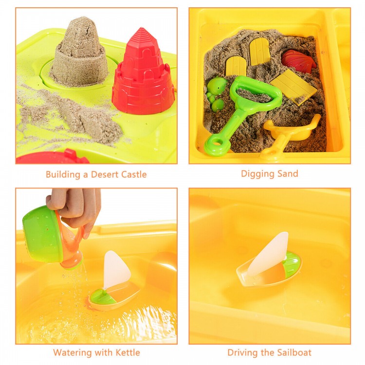Sand and Water Play Table for kids featuring sand castle molds, perfect for indoor and outdoor creative play.