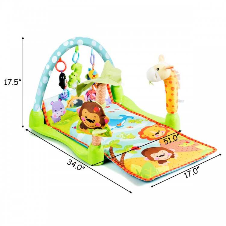 4-in-1 baby play gym mat with colorful animal patterns and 3 hanging educational toys for cognitive development.