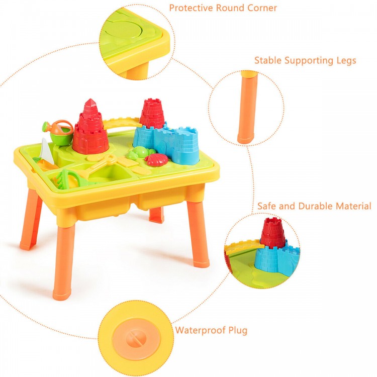 Colorful sand and water play table for kids, made of safe PP material, featuring sand castle molds and waterproof plug.