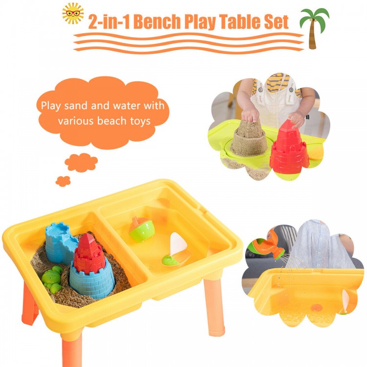 Yellow 2-in-1 sand and water play table for kids with molds, perfect for indoor and outdoor fun and creativity.