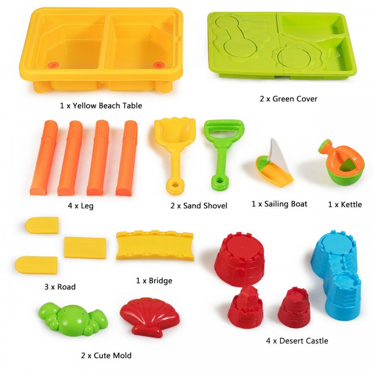 Colorful sand and water play table set with beach toys, including molds, shovels, and a sailing boat for kids' fun.