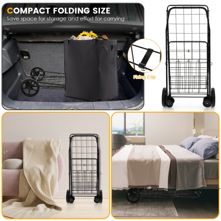 Folding rolling shopping cart with waterproof liner, compact design, and heavy-duty frame for easy mobility and storage.