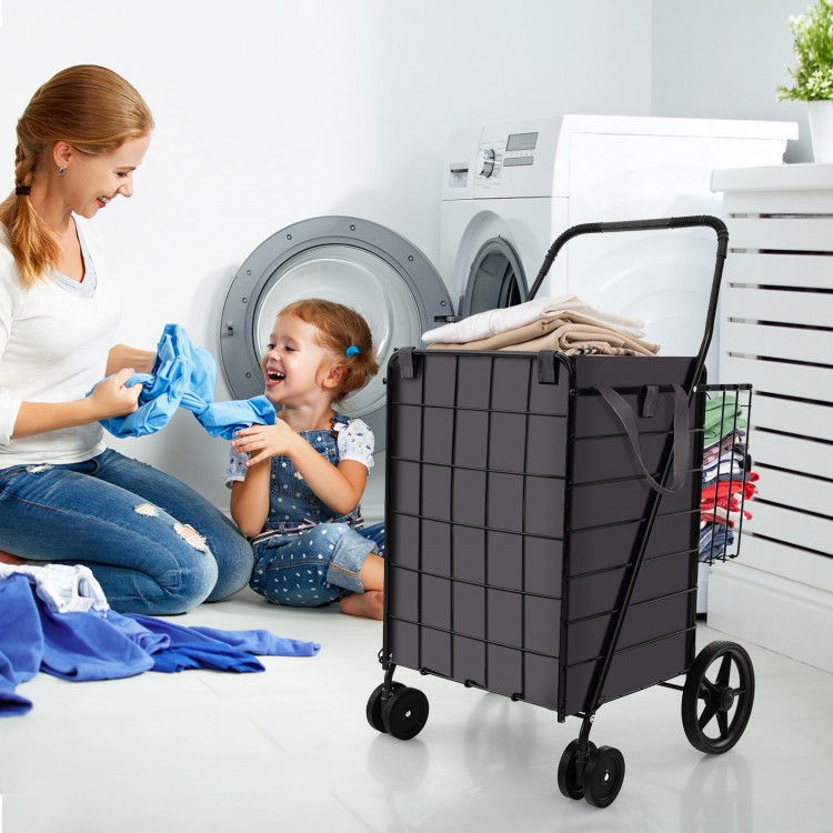 Folding rolling shopping cart with waterproof liner, featuring a jumbo basket and ergonomic handle for easy mobility.