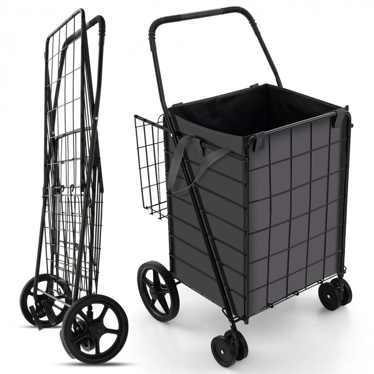 Folding rolling shopping cart in black with waterproof liner, ergonomic handle, and ample storage for groceries or.