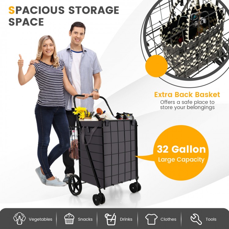 Folding rolling shopping cart with waterproof liner, 32-gallon capacity, and extra back basket for versatile storage.