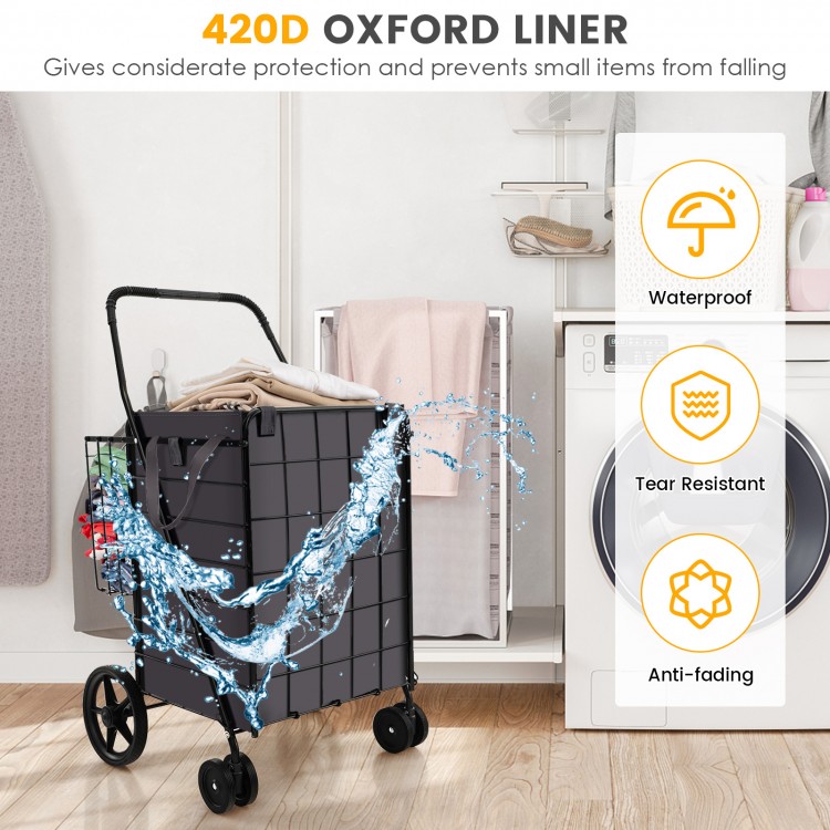 Folding rolling shopping cart in black with waterproof liner, featuring a durable metal frame and ample storage for.