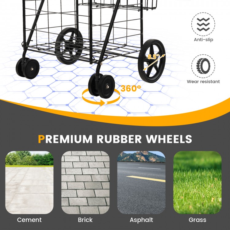 Folding rolling shopping cart with premium rubber wheels, waterproof liner, and ample storage for groceries and laundry.