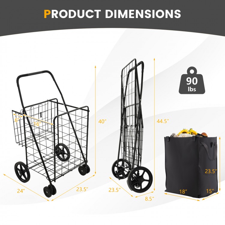 Folding rolling shopping cart with waterproof liner, featuring a heavy-duty metal frame and ample storage for groceries.
