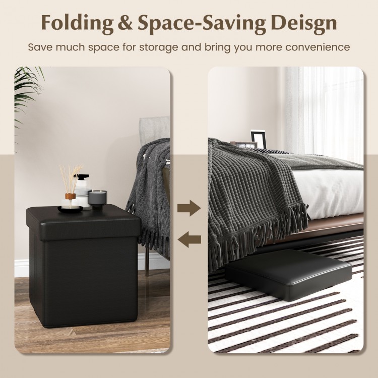 Upholstered square footstool in black PVC leather, showcasing its folding design for easy storage and versatile use.