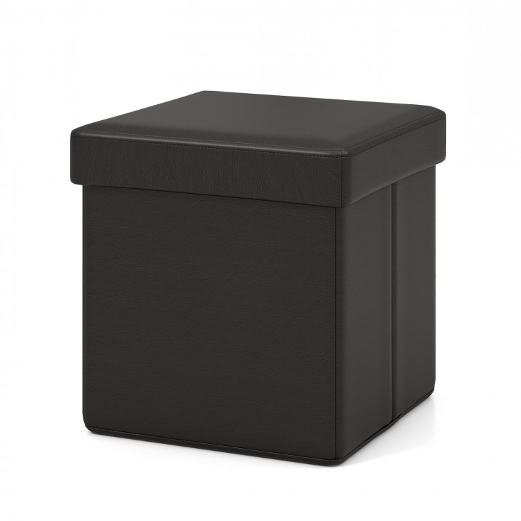 Black upholstered square footstool with PVC leather surface, ideal for storage and as a compact additional seat.