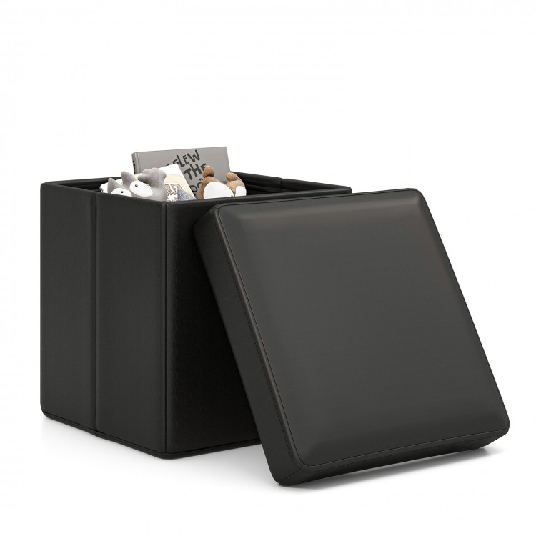 Black upholstered square footstool with PVC leather surface, ideal for storage and as a comfortable additional seat.