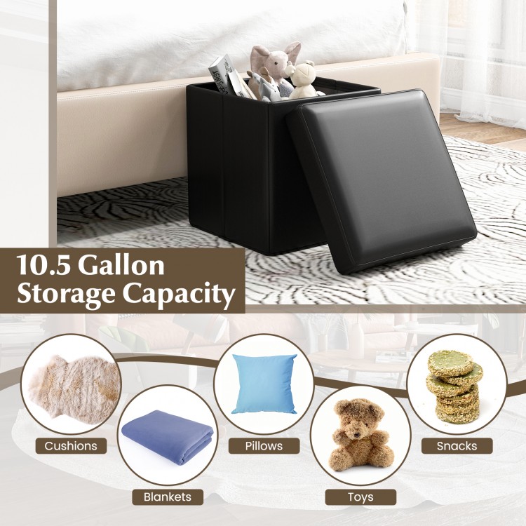 Black upholstered square footstool with PVC leather surface, featuring 10.5-gallon storage capacity for versatile use.