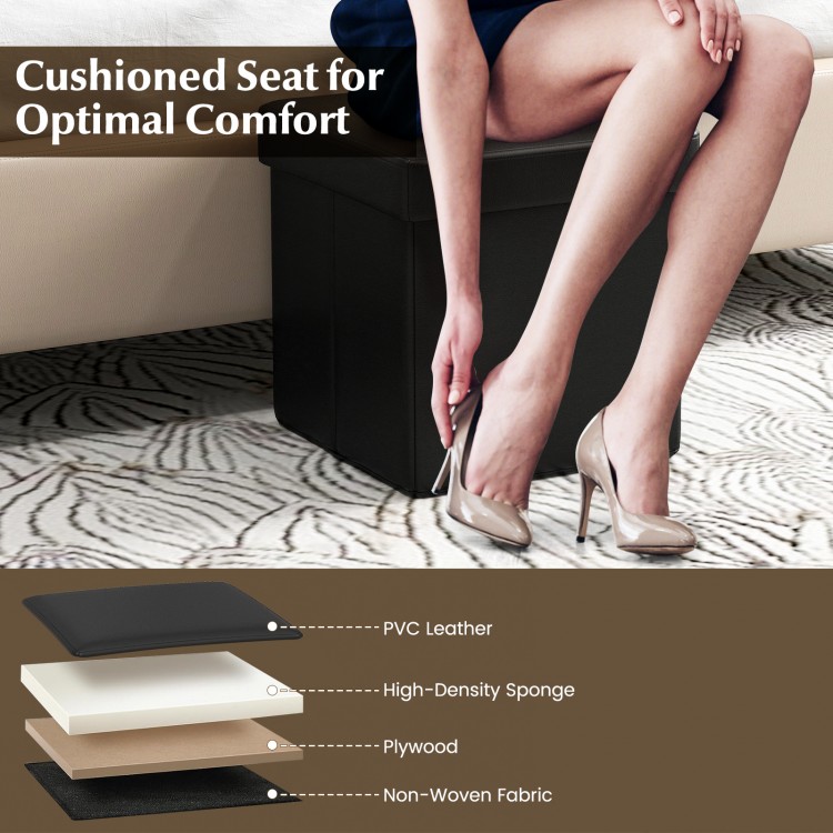 Upholstered square footstool in black PVC leather with cushioned seat, ideal for storage and comfort in any room.