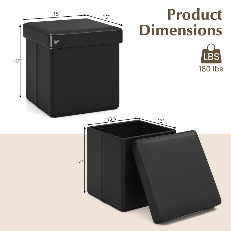 Upholstered square footstool in black with PVC leather surface, featuring dimensions for storage and comfort in any.