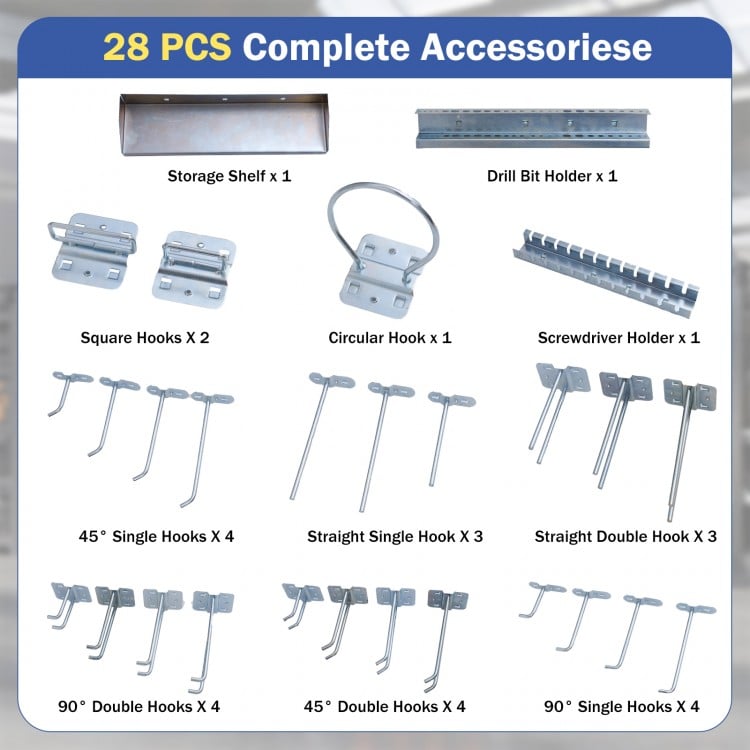 Assorted 28-piece accessory set for wall-mounted pegboard kit, including hooks and holders for tool organization.