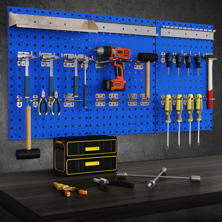 Navy wall-mounted pegboard kit with tools organized, featuring 3 metal boards and 28 assorted hanging accessories.