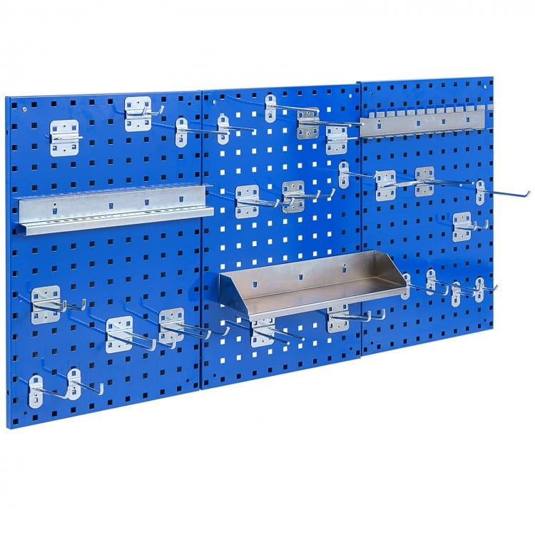 Wall-mounted navy pegboard kit with three 16" x 23.5" boards and 28 assorted accessories for garage organization.