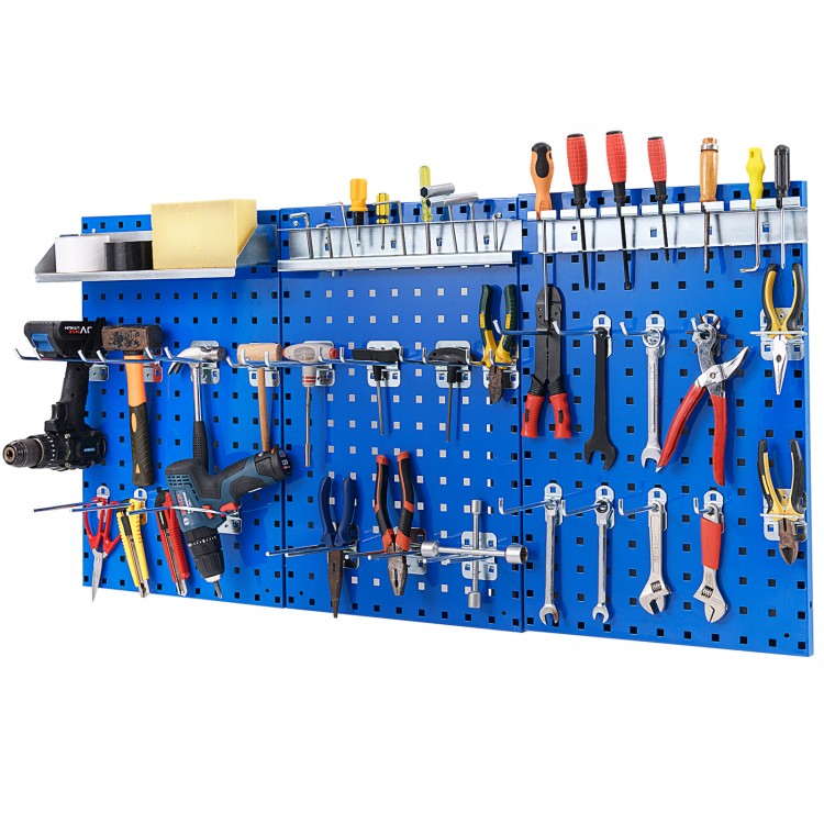 Navy wall-mounted pegboard kit with tools organized, featuring 3 pegboards and assorted hanging accessories for garage.
