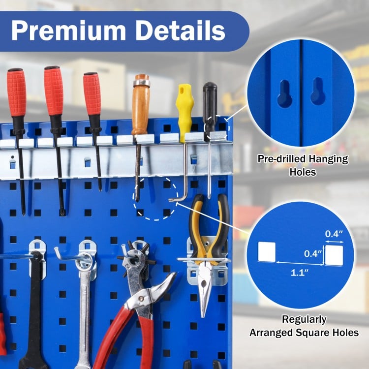 Wall-mounted pegboard kit in navy with tools organized, featuring pre-drilled holes and assorted hanging accessories.