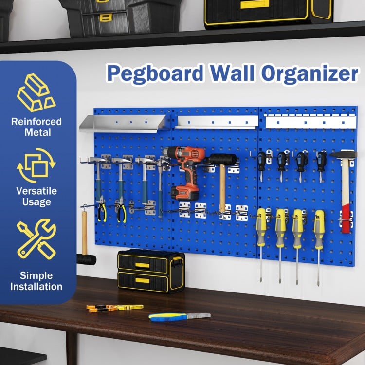 Navy wall-mounted pegboard kit with 3 metal boards and 28 accessories for versatile tool organization in garages.