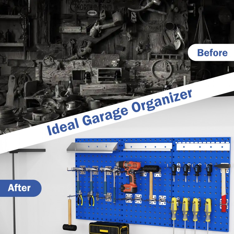 Navy wall-mounted pegboard kit with 3 boards and 28 accessories for organized garage tool storage.