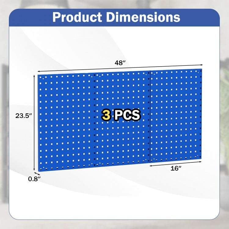 Navy wall-mounted pegboard kit dimensions showing three 16" x 23.5" boards for garage organization and tool storage.