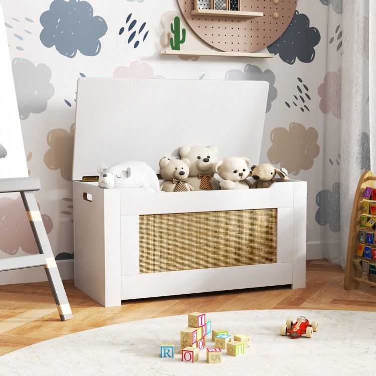 Kids rattan toy storage box with flip top lid, safety hinge, and cut-out handles, perfect for organizing toys in a.